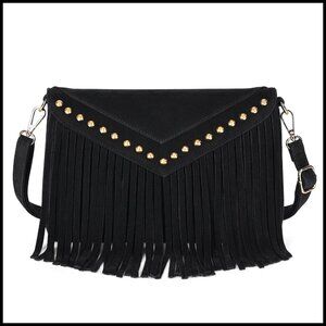 Boho Western Fringe Crossbody Hobo Bag Double Velour Suede Adjustable Strap